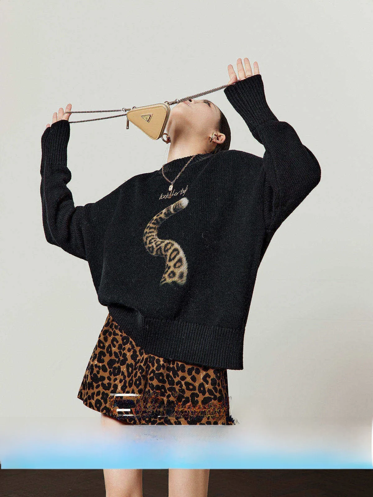 

Bla Knitted Sweater Women's round Ne Print Top Spring New Sle Retro Sle Long Sve Regular Fit Outerwear