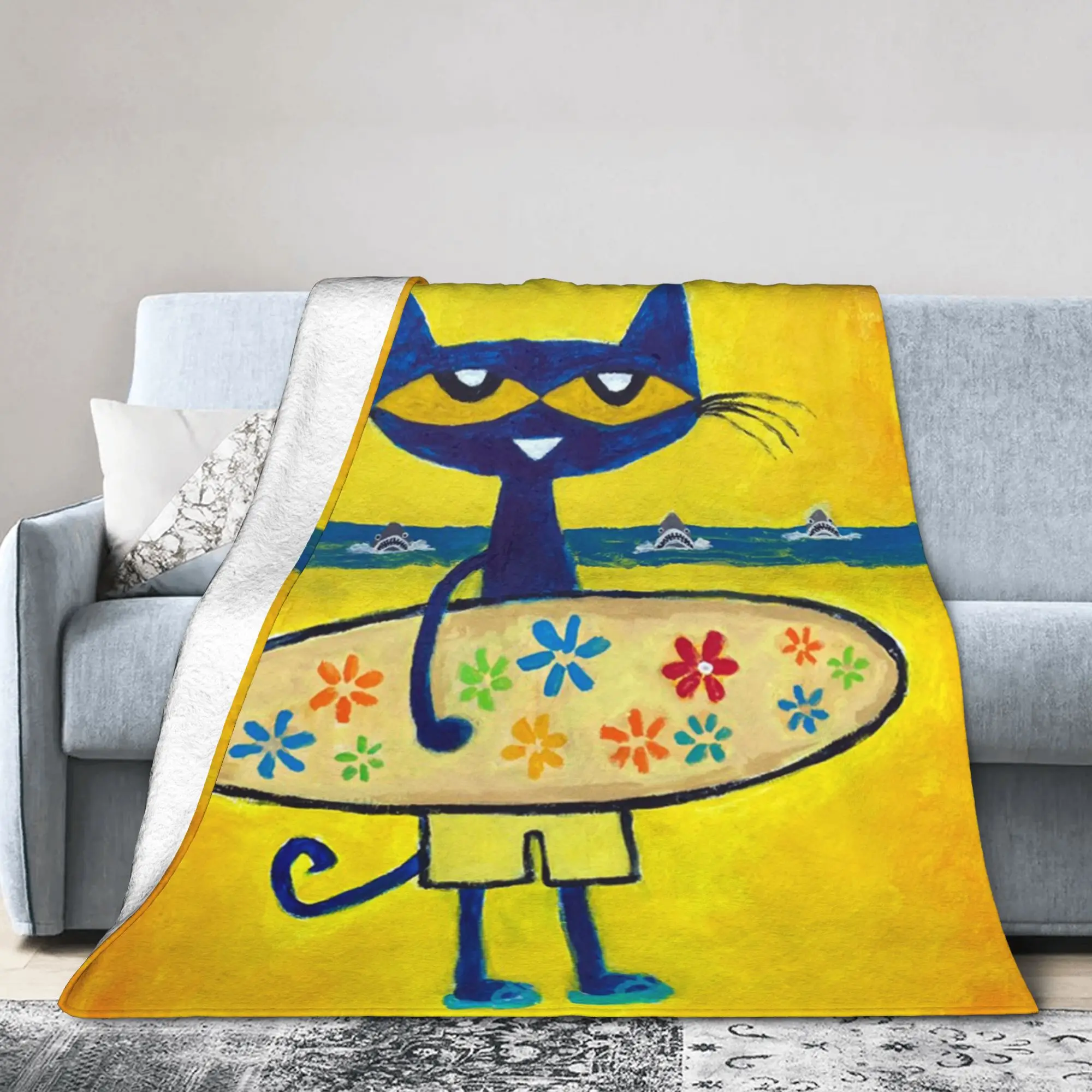Groovy Cat Pete the Cat  Blankets  Flannel Funny Warm Throw Blankets for Chair Covering Sofa All Season,