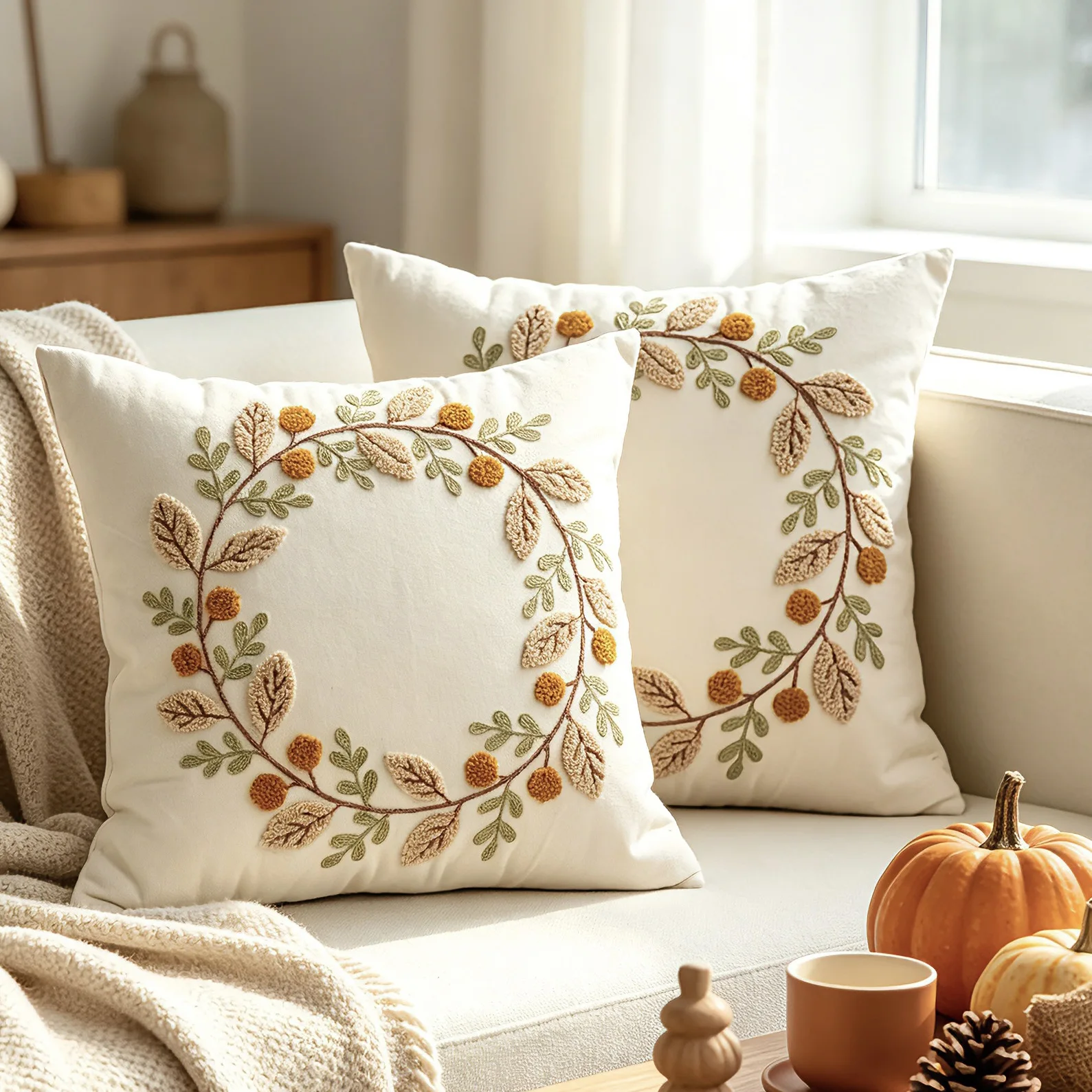 Dekokissenbezug mit Thanksgiving-Motiv, Herbst-Chenille-Blattgirlande, dekorative Stickerei, Kissenbezüge 45x45cm – Detail 3