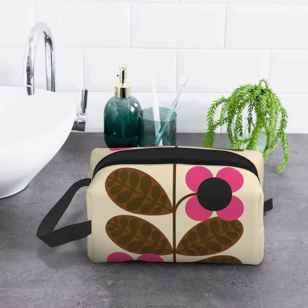 Custom Bloom Stem Fuchsia Flower Travel Cosmetic Bag for Women Orla Kiely Toiletry Makeup Organizer Lady Beauty Storage Dopp Kit image 4