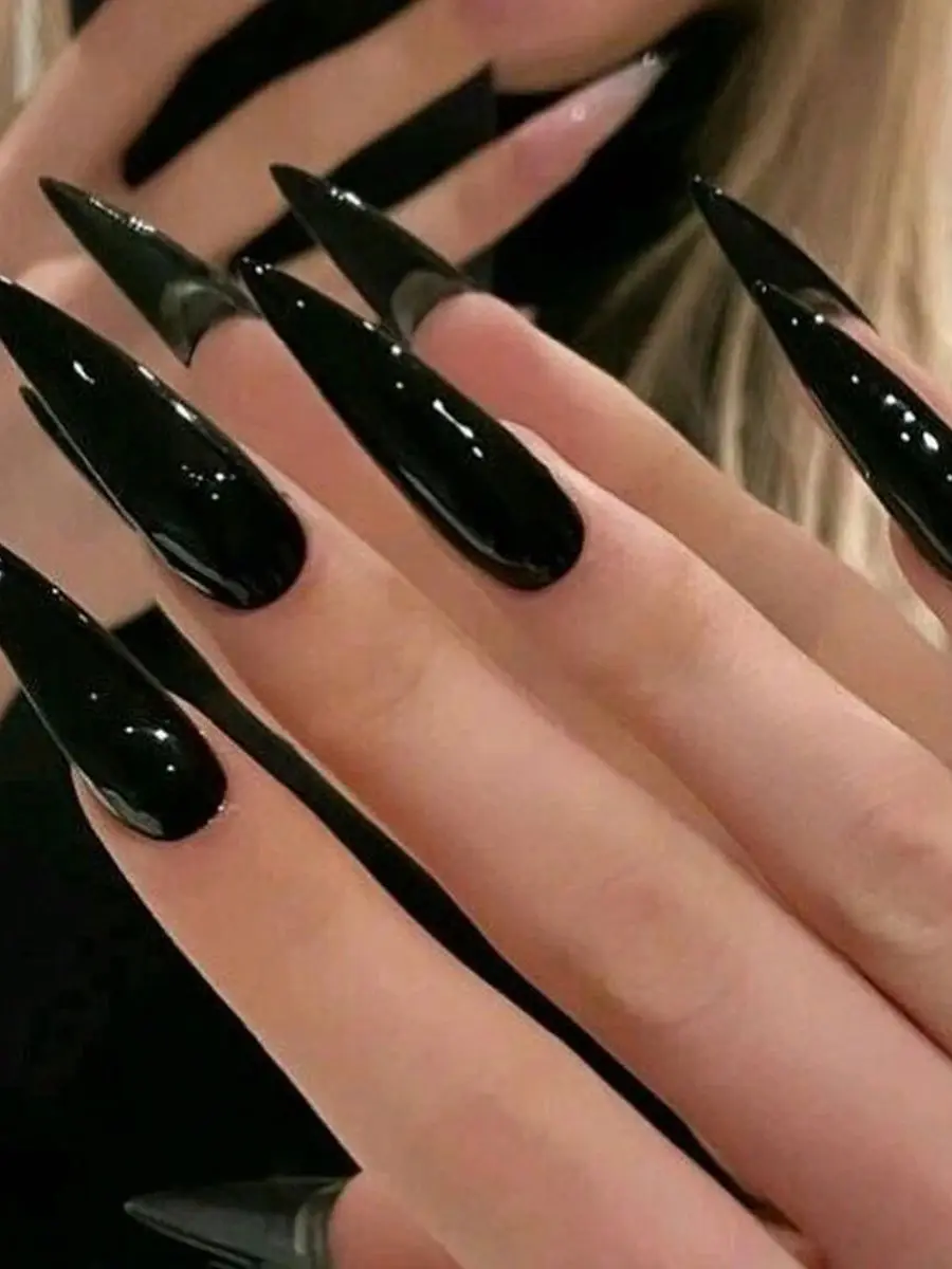 Verwandeln Sie Ihre Nägel mit 24 Stück extra langen Stiletto im französischen Stil, modern, klassisch, schlicht, schwarz, einfarbig, vollständige Abdeckung, künstliche Nägel