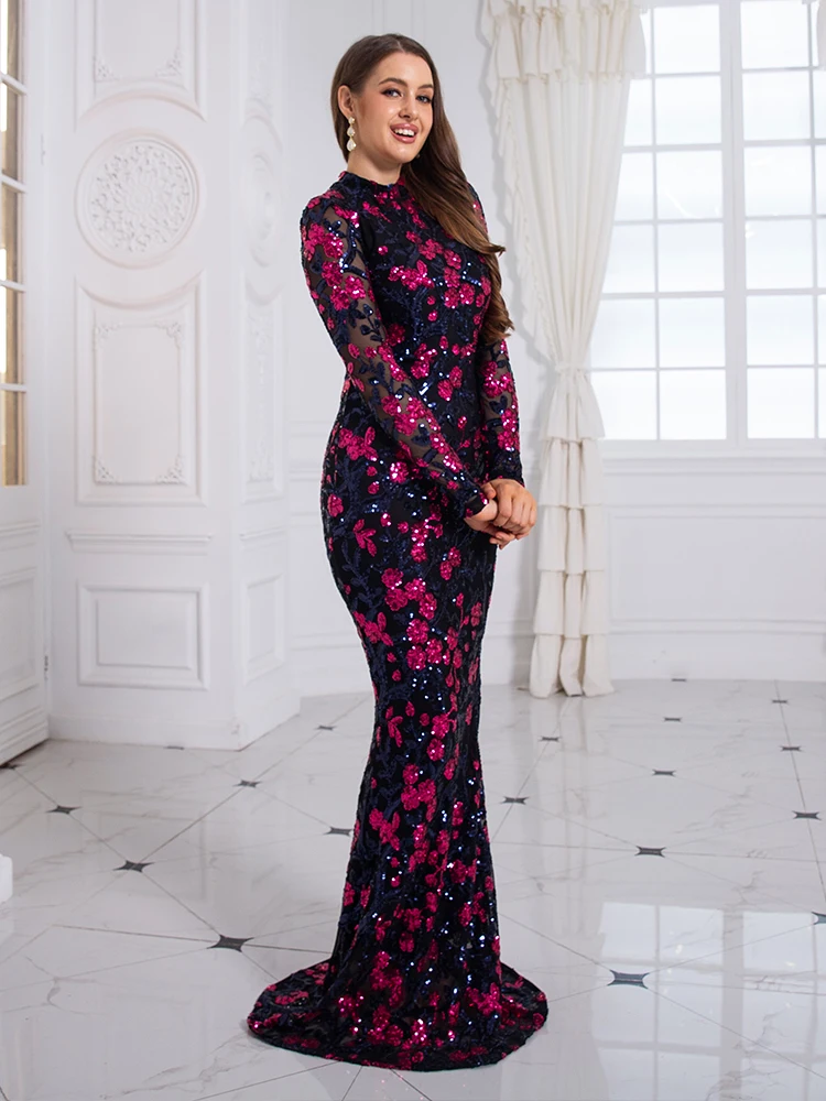 High Neck Full Sleeve Evening Dress Luxury Sequin Flowers Floor Length Cocktail Party Elegant Celebrity Dresses Prom Gown Autumn