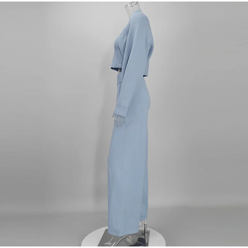 Damen Strick-3-Teiler-Set: O-Ausschnitt, ärmelloses Crop-Top, Langarm-Mantel, weit geschnittene Hose, Herbstmode, neue Strickwaren für Damen – Detail 3