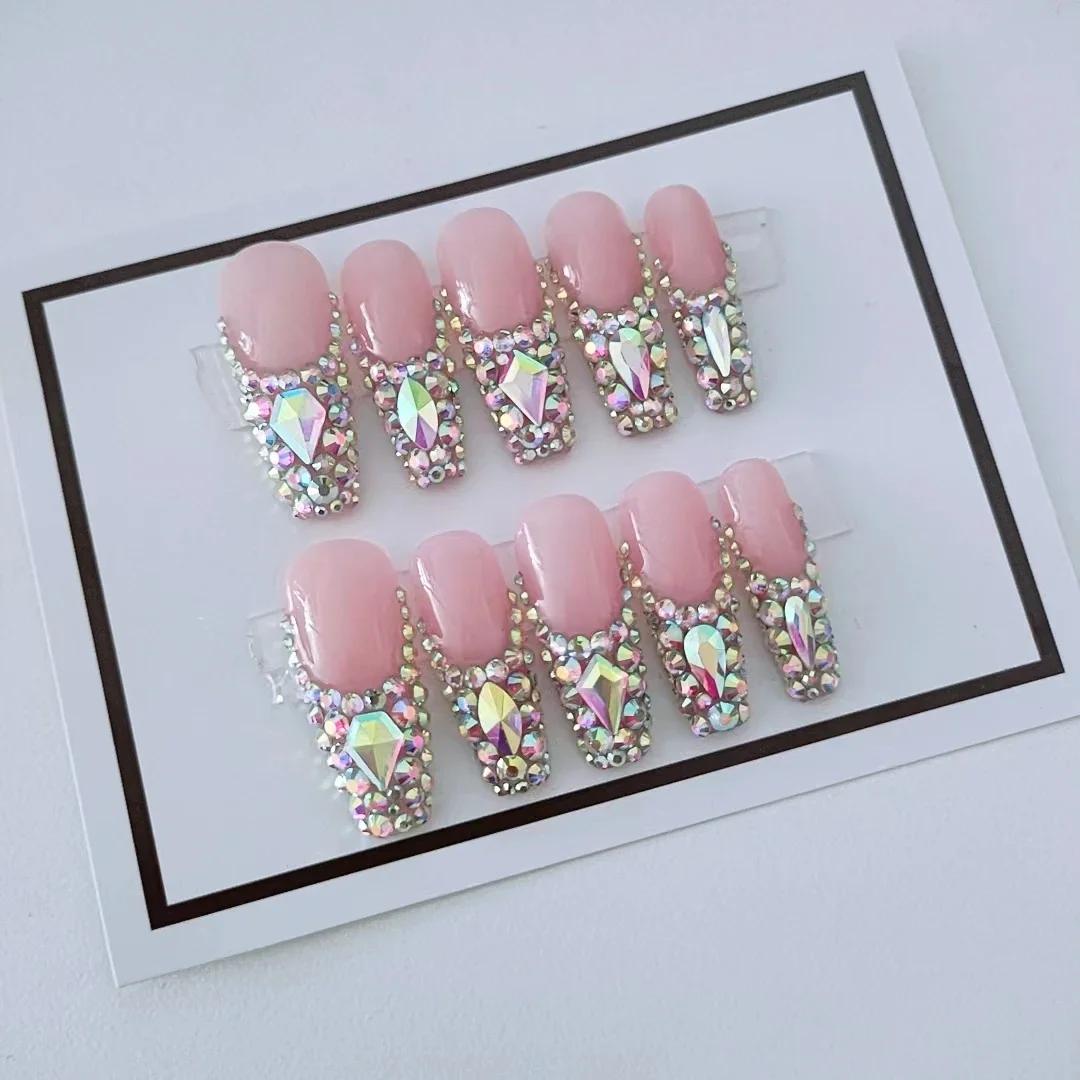 

Luxury Handmade Press on Nails Rhinestones White French Medium and Long Luxury Press on Nails Wholesale