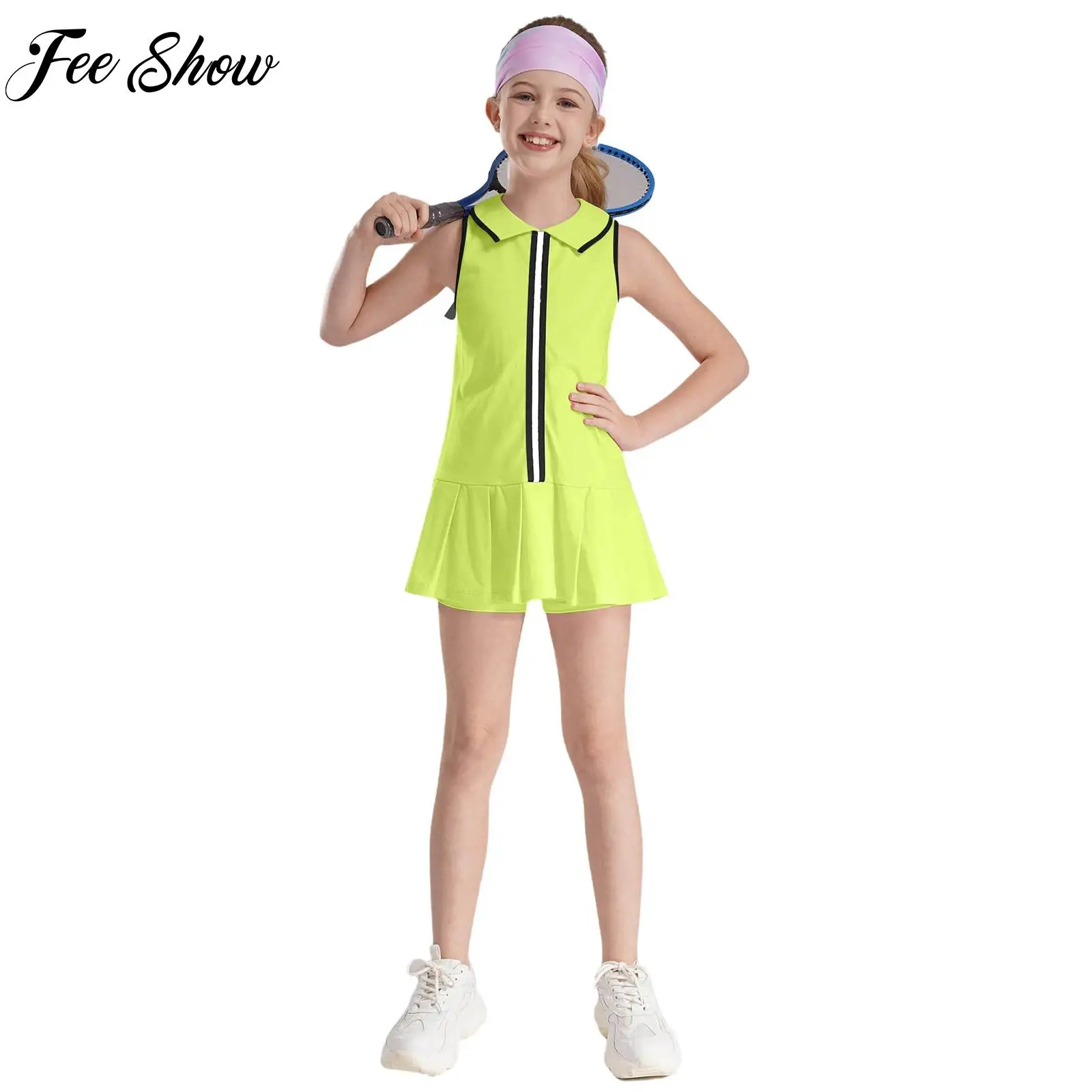 Bambini ragazze Sport abito pieghettato senza maniche Tennis Golf palestra abiti con pantaloncini Set per Yoga Badminton corsa escursionismo