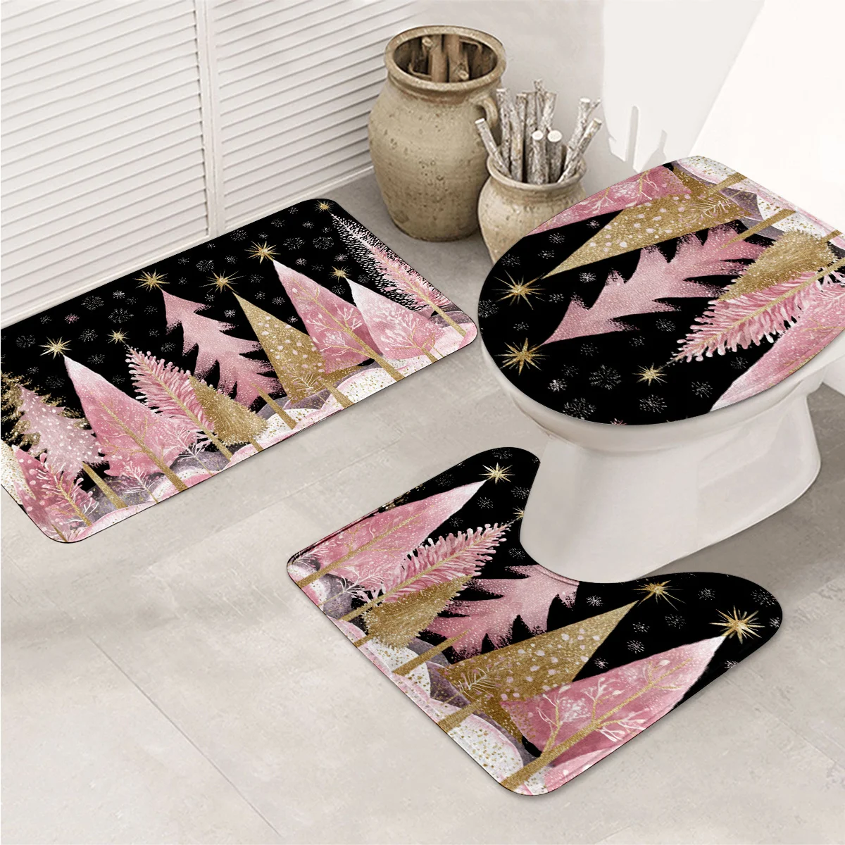 

3pcs Christmas Bathroom Mat Set, Pink Golden Christmas Tree Cluster Decoration, 3pcs Bathroom Bath Mat, Kitchen Bathroom Bedroom