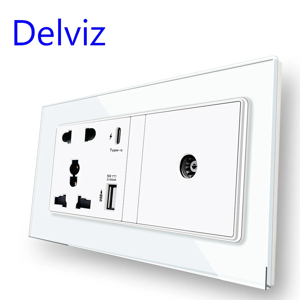 

Delviz Cable TV Wall Socket, Crystal glass panel, Type C Interface Socket, 18W 4A Smart Quick Charge, Universal USB Power Outlet