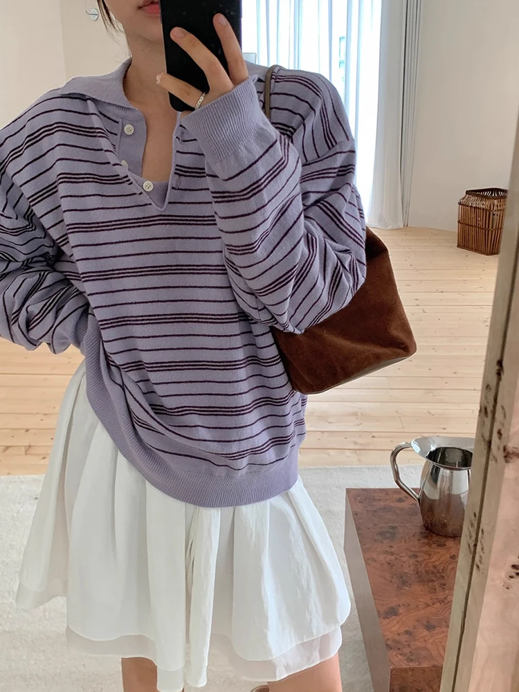 

Chic Autumn New Vintage Lazy Sle Collar Color Blo Loose Long Sve Overhead Knitted Sweater Women's Faion Korean ...