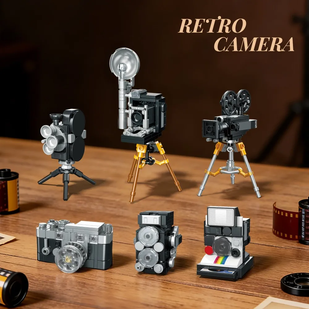 6-in-1 Retro Camera Collection Building Set - Vintage Film Camera Models, Miniature Collectible Display for Adult Fans
