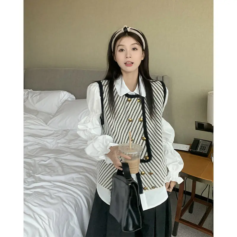 French Gentle Style Set Design Sense Vest Spring and Autumn Bubble Sleeve Shirt High Waist Loose Skirt 3-piece Set