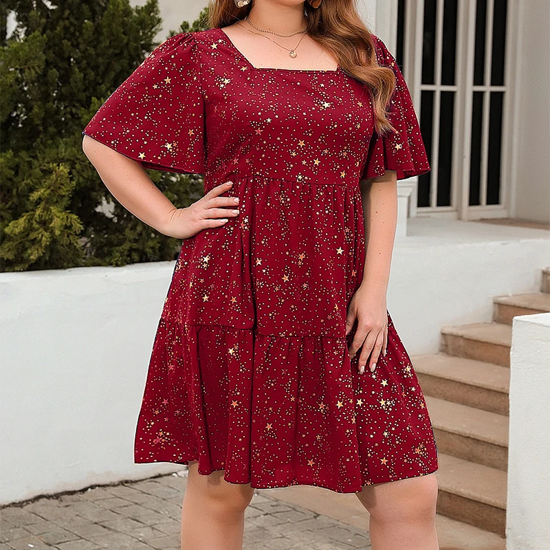 플러스 사이즈 여성 여름 미니 드레스 큰 사이즈 섹시 스퀘어 넥 골드 프린트 러플 밑단 비치 선드레스 캐주얼 반팔 드레스