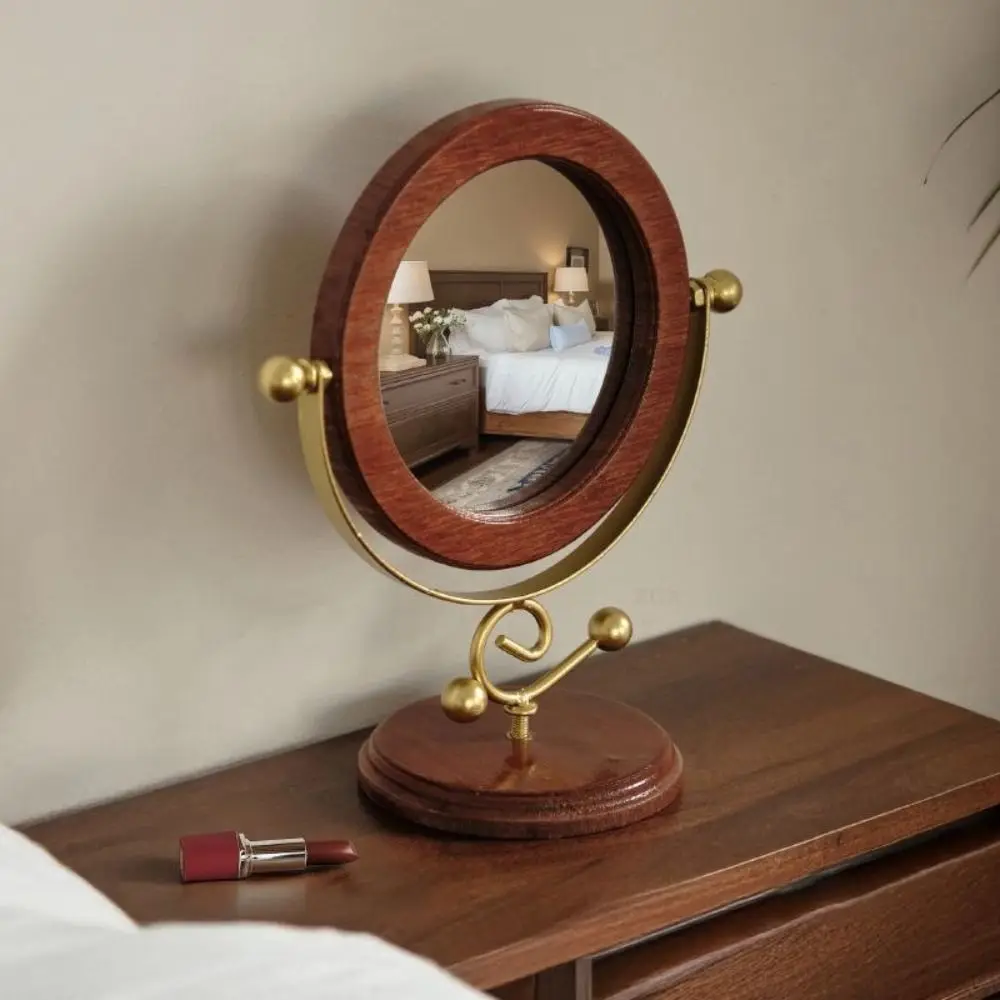 수직 회전 디자인 나무 메이크업 거울 메이크업 응용 프로그램 홈 액세서리 드레싱 거울 복고풍 스타일 간단한 데스크탑 거울