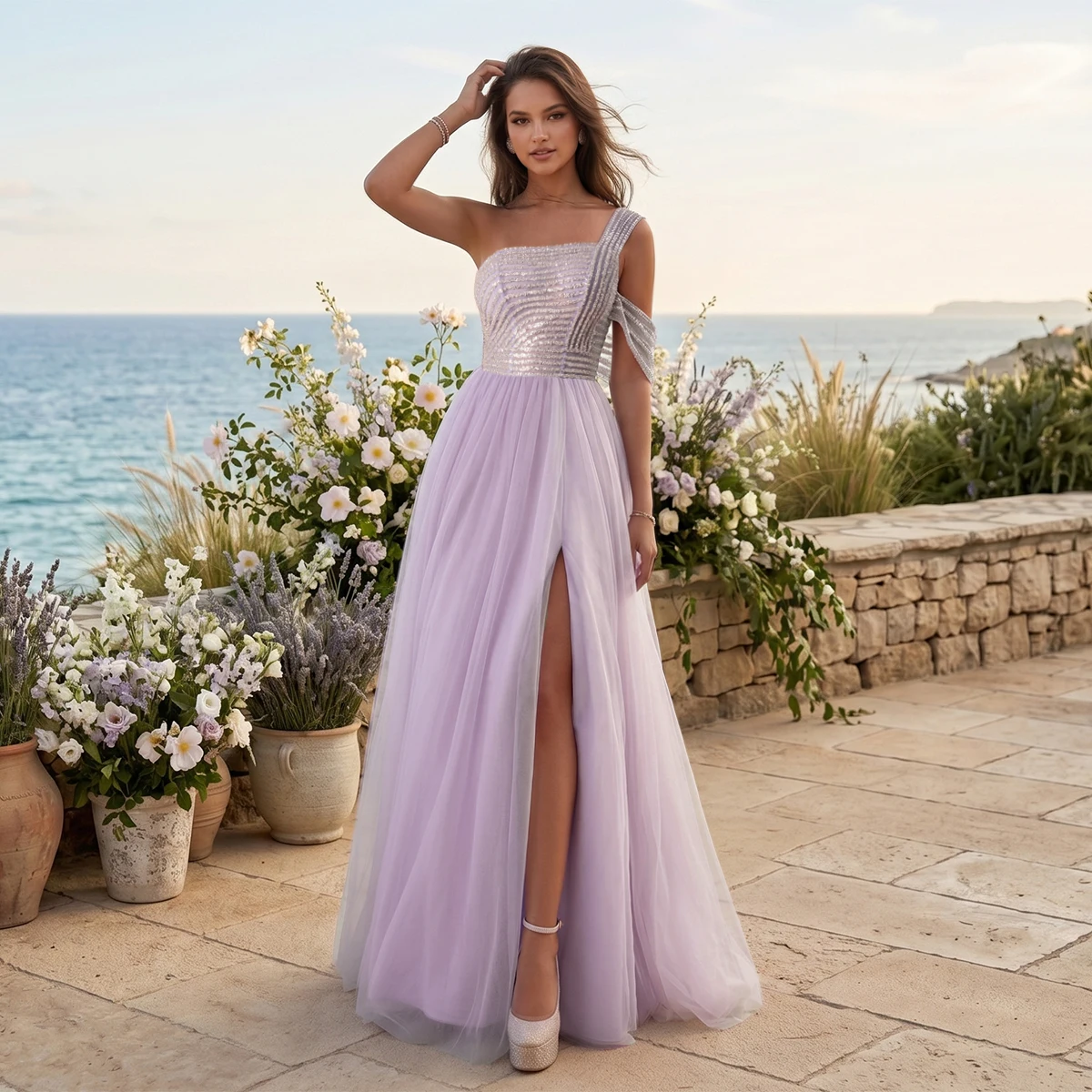 VIPGIRL Lavender One-Shoulder Prom Dress Sequined Corset Tulle High Slit Lace-Up A-Line Evening Gown
