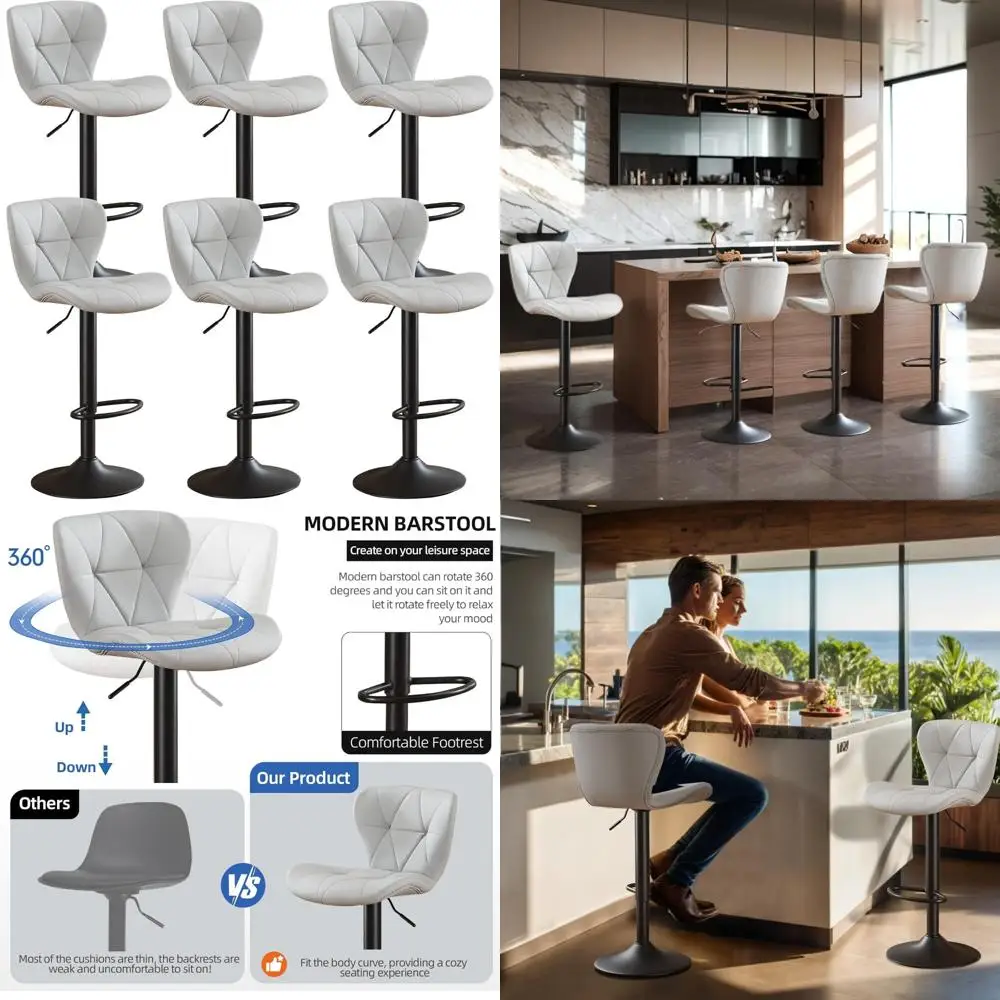 adjustable bar stools set of 6, modern pu leather upholstered, armless swivel bar chairs with back for kitchen bar island(grey)