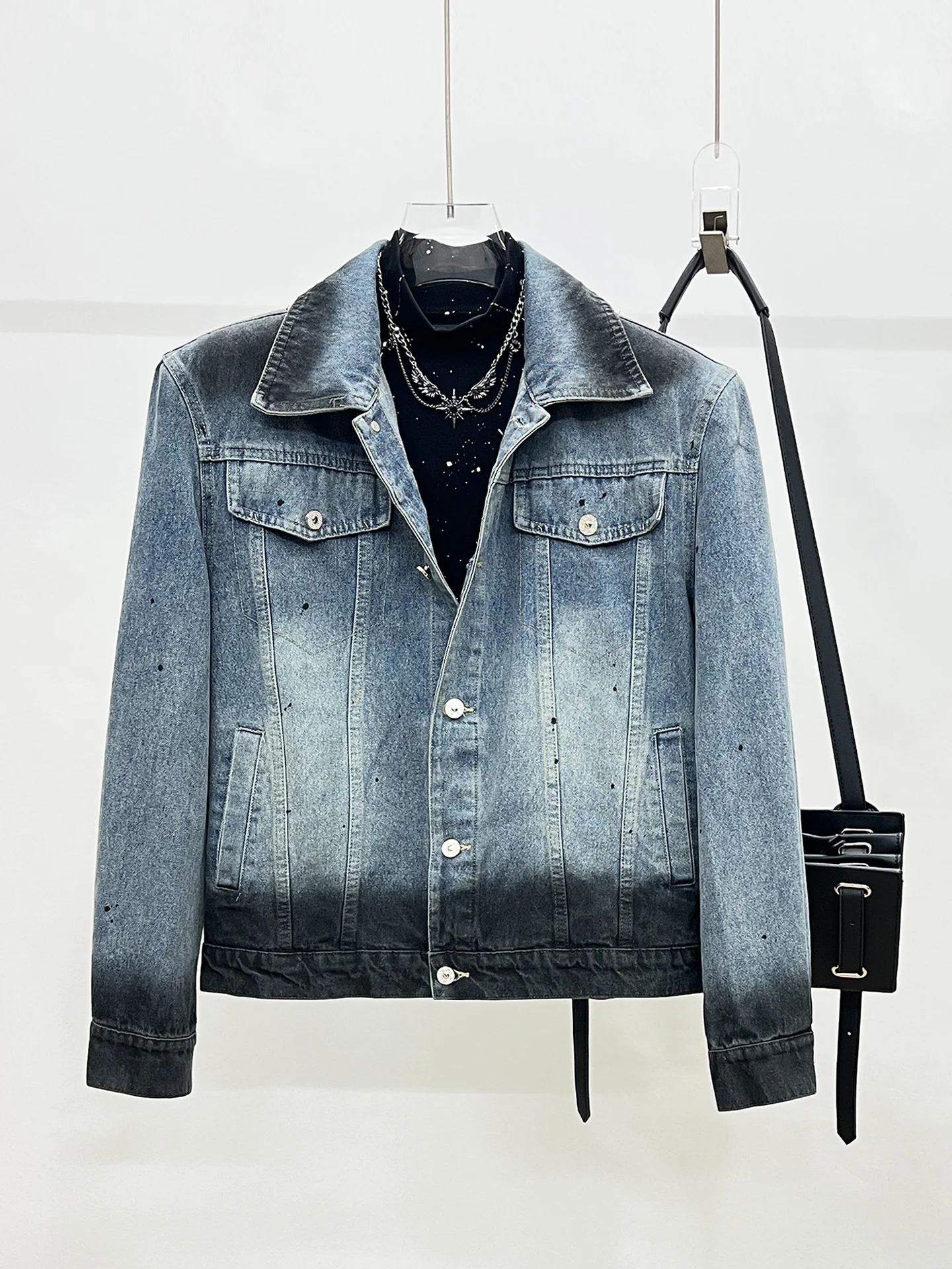 

Мужская винтажная джинсовая куртка Waed: осенняя универсальная верхняя одежда свободного кроя с градиентным цветом, ветрозащитная, повседневная