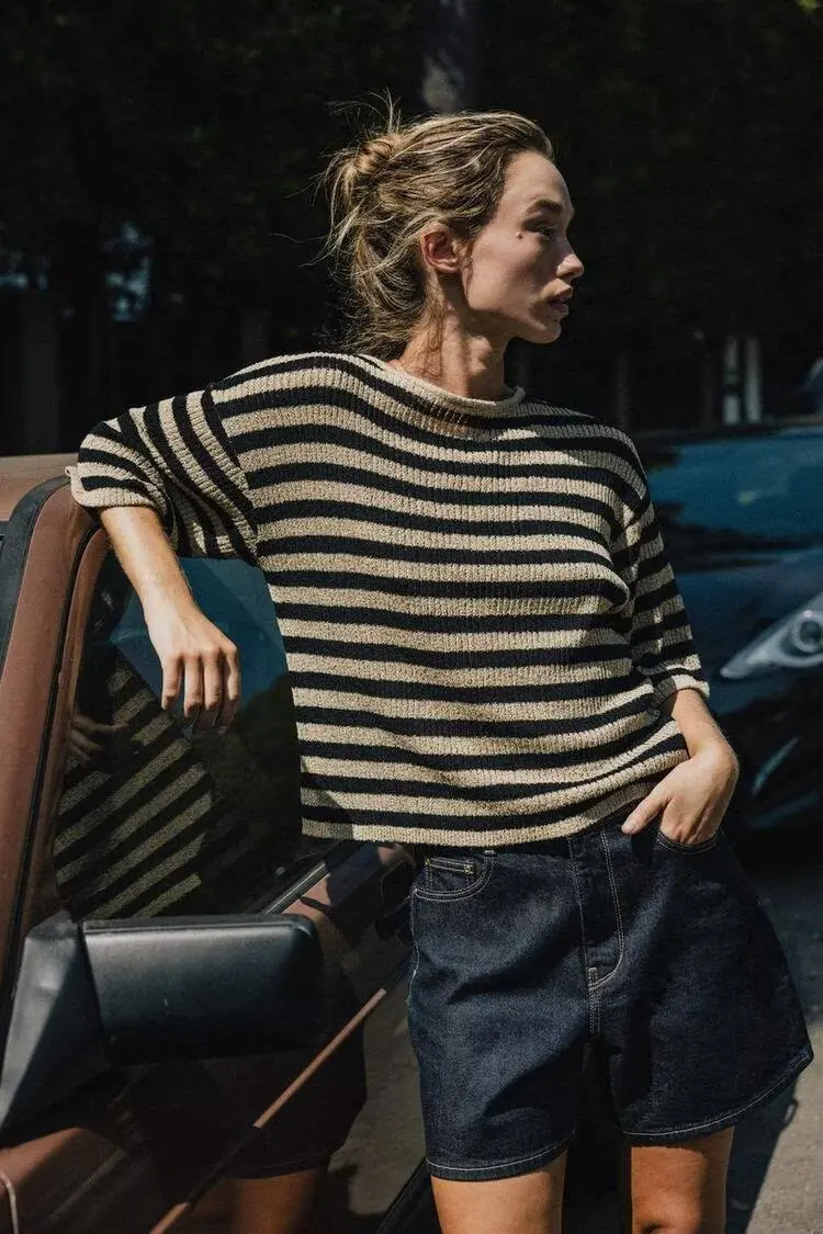 

BB6863 Осенняя новая женская одежда 2025, европейский и американский прямой вязаный топ с круглым вырезом и средними рукавами, 8779628