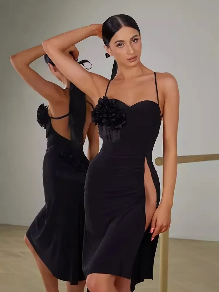 라틴 댄스 드레스 화이트 블랙 플로라 프린지 라틴 연습 공연복