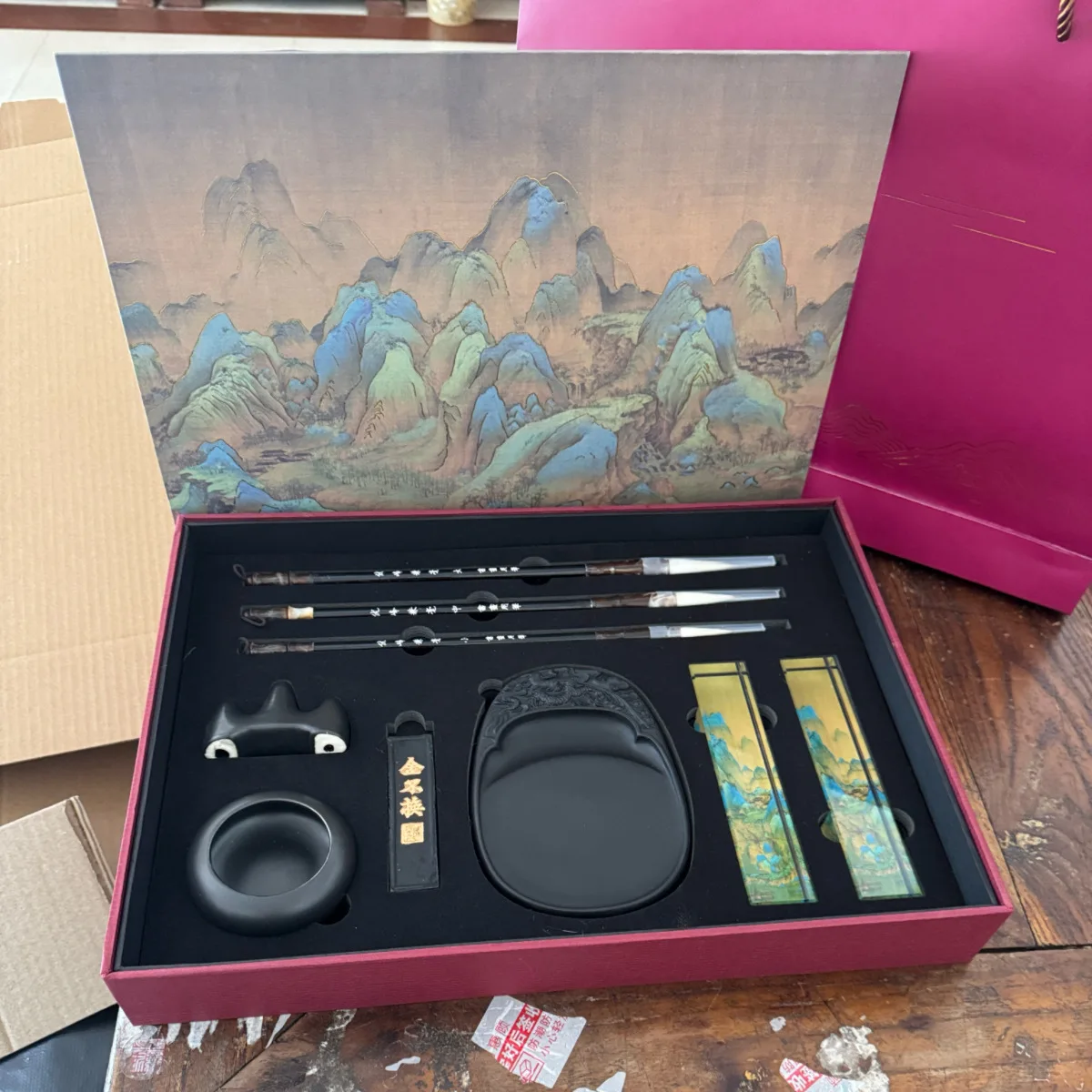 Four Treasures of Study Calligraphy Gift Set with Brushes Inkstone Ink Stick Paper and Weight, Wooden Gift Box Chinese