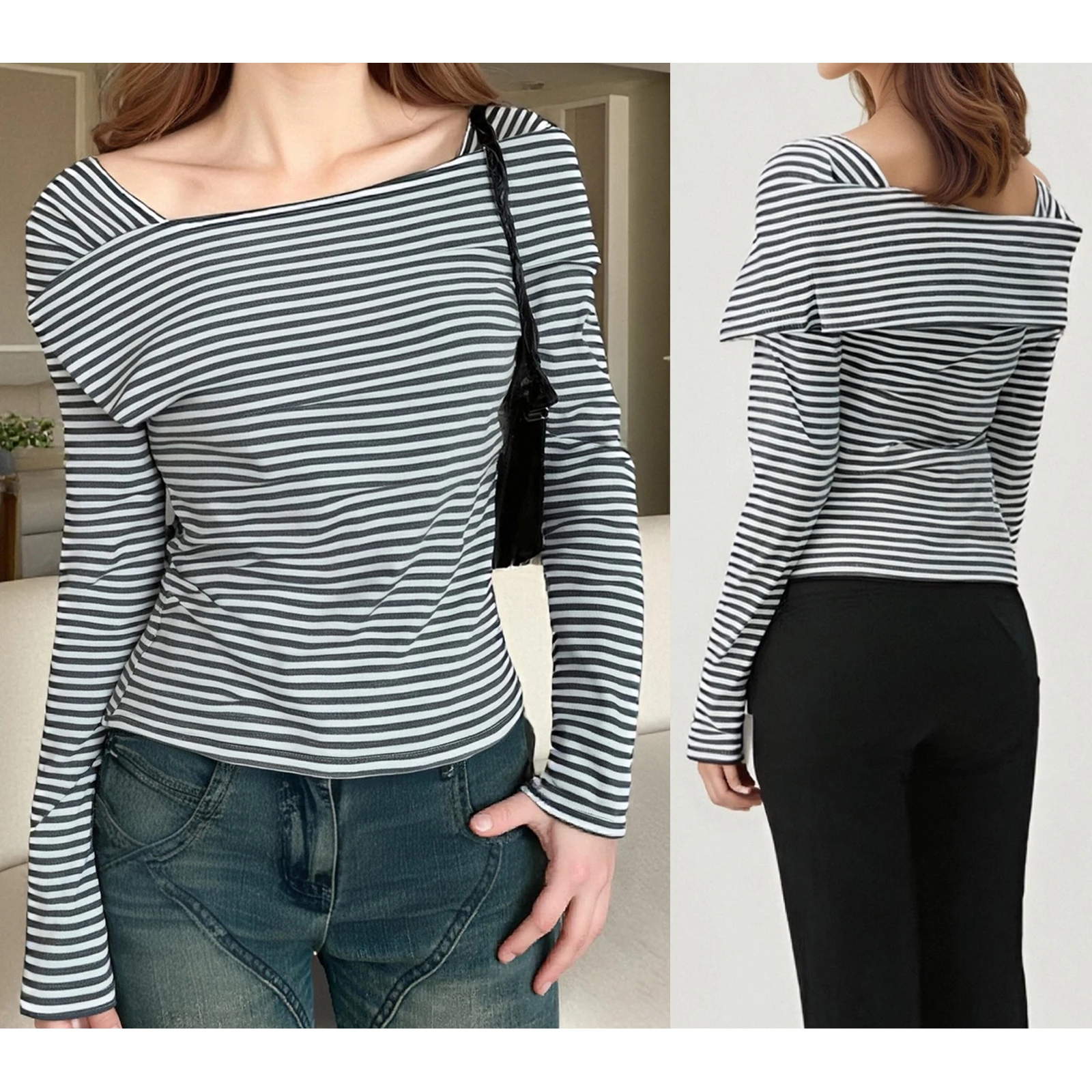 

Womens Fall Tops Long Sleeve Off Shoulder Slim Fit Striped Going Out Fashion Base Layer Shirts