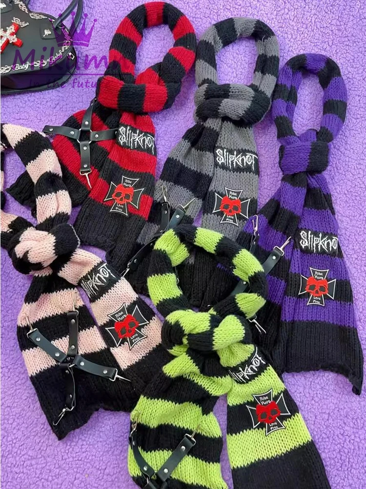 Mikumn Harajuku Punk Style Women Scarf Y2k Gothc Skull Leather Buckle Striped Knitted Scarves Winter Warm Chic Streetwear