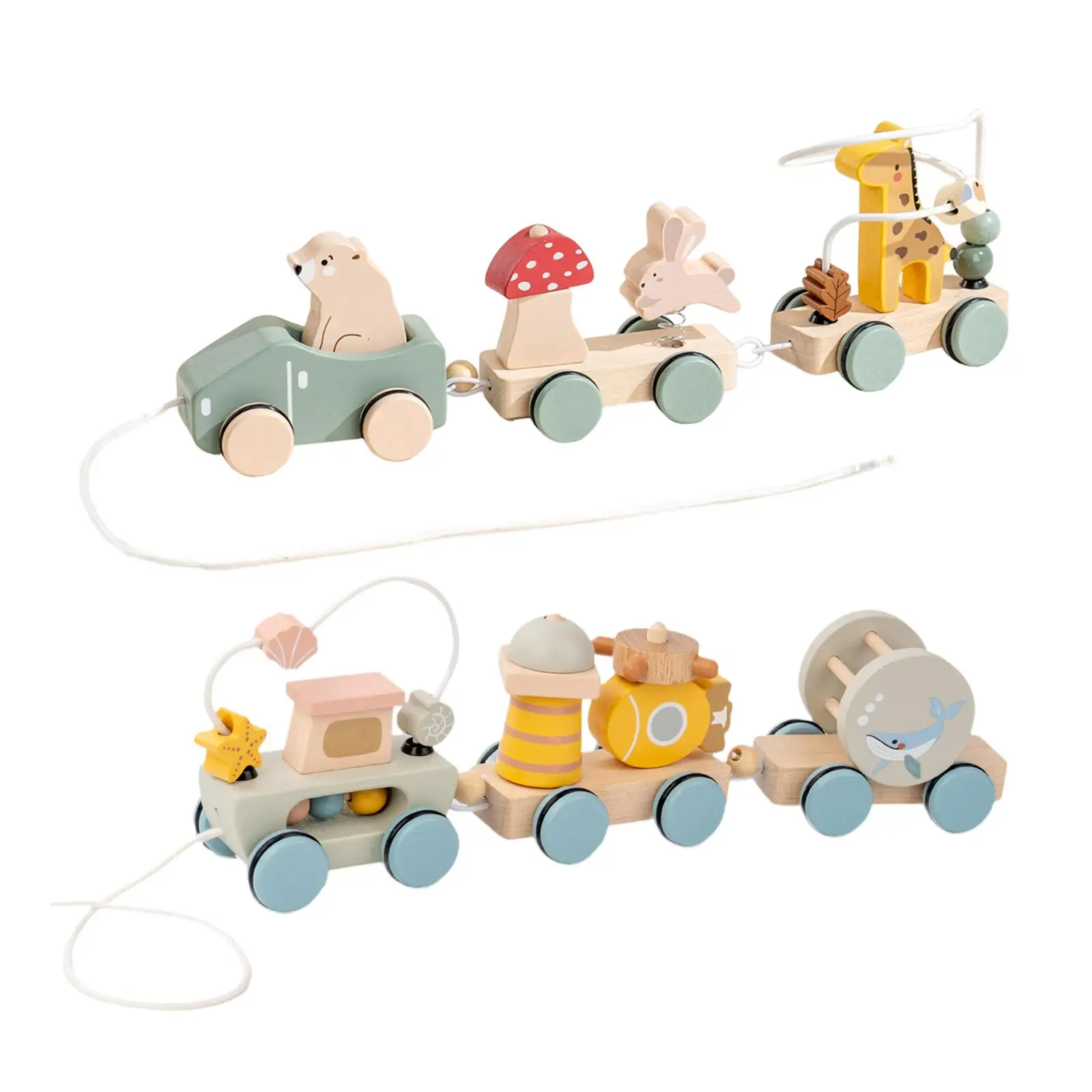 Colorful Wooden Pull Along Train Set Developmental Baby Toy for Boys Girls Montessori Learning Sensory Stacking Fine Motor