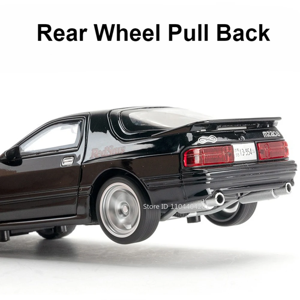 Modelos RX7 MX5 1:32, coches de juguete fundidos a presión de aleación con luz de sonido, vehículos en miniatura abiertos de 4 puertas para regalos del Día de los niños