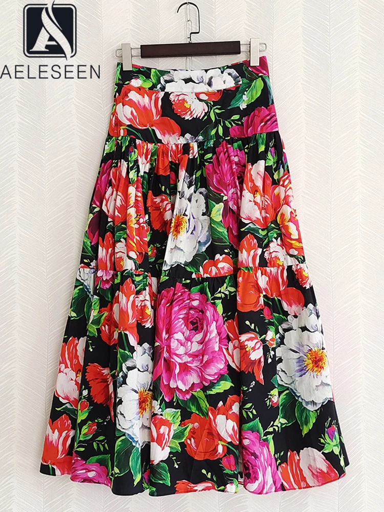 

AELESEEN Women Sicilian 100% Cotton Skirt Runway Fashion Spring Colorful Flower Printed Ruffles Long High Waist Holiday