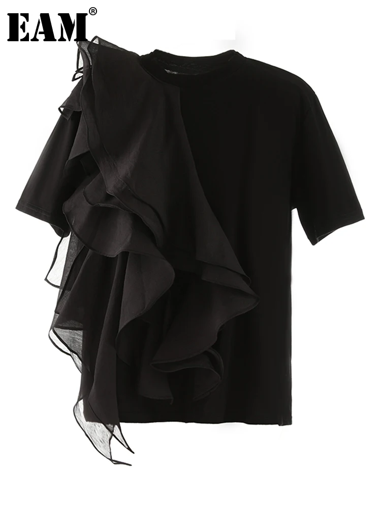 

[EAM] Women Black Irregular Ruffles Big Size Elegant T-shirt New Round Neck Short Sleeve Fashion Tide Spring Summer 2024 1DF7883