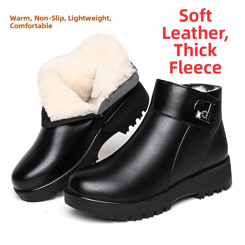 HuiZhou Short Boots Real Leather Fleece Lined Flat Bottom Fur Integrated Mom Winter Warm Cotton Shoes Soft Bottom Anti-Slip L...