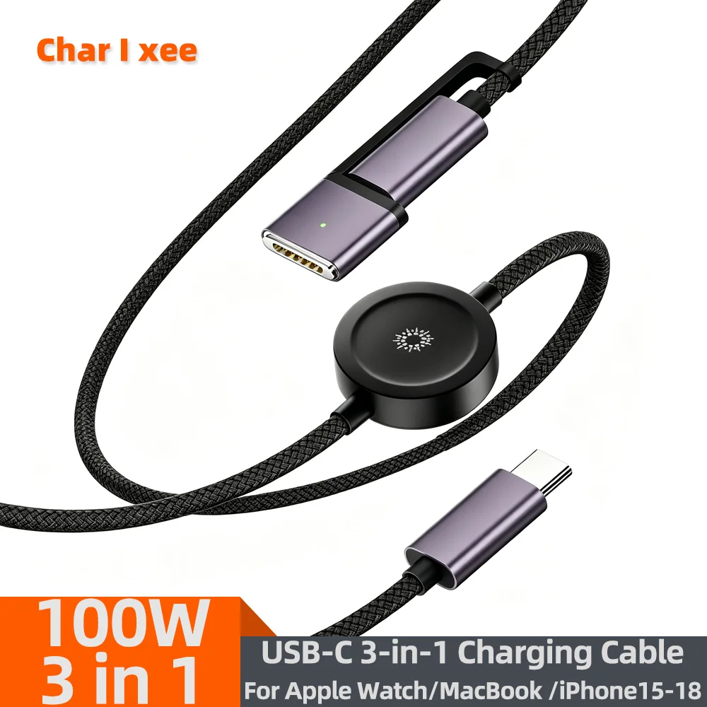 cabo-de-carregamento-e-transferencia-de-dados-3-em-1-100w-com-tecnologia-pd-usb-c-velocidade-de-480-mbps-150-cm-revestimento-em-nylon-trancado-compativel-com-magsafe-3-apple-watch-macbook-e-iphone