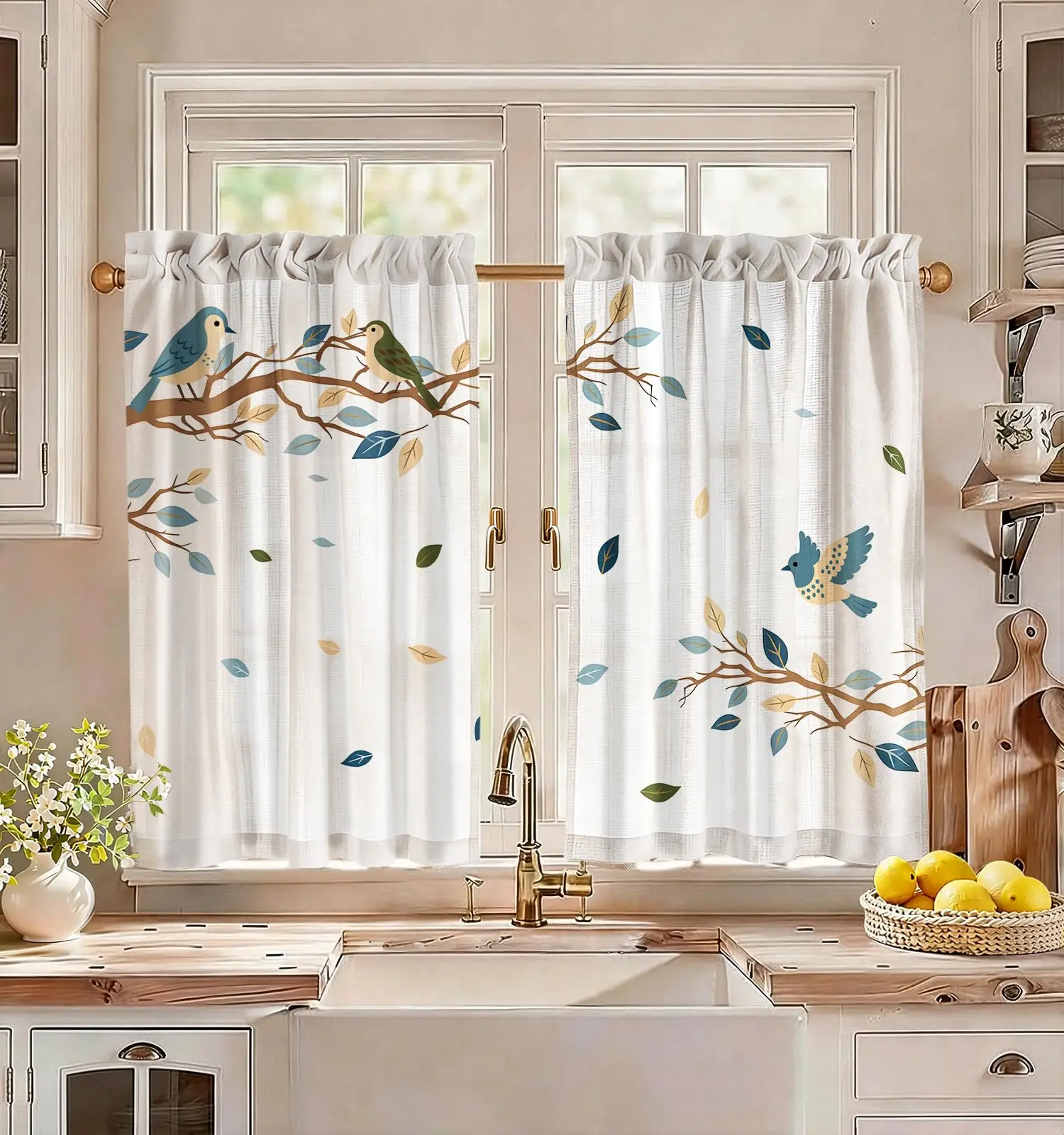 Floral Cat Tier Curtains Linen Blend Farmhouse Cafe Curtains Over Sink Light Filtering Rod Pocket 2 Panels