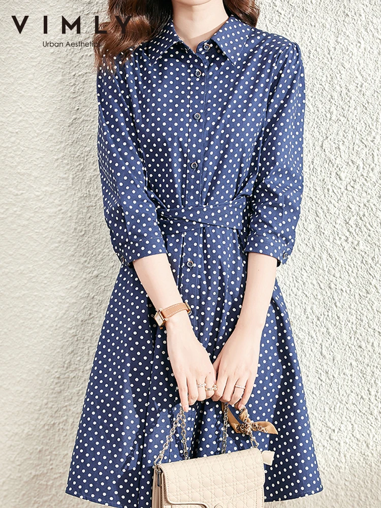 VIMLY Spring Summer Shirt Dress for Women Elegant Fashion Cotton Puff Sleeve A-line Blue Dot Vintage Dress Office Lady V0783