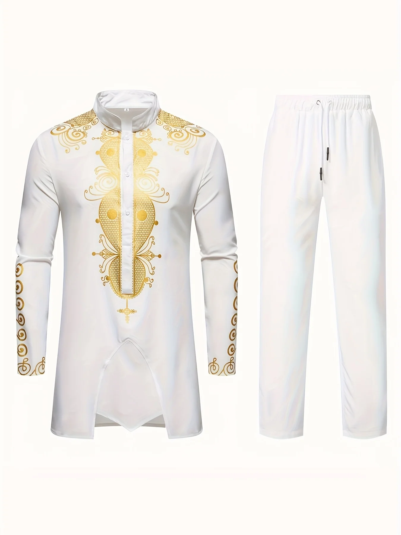 Middle East Ethnic Culture Muslim Robe 3D Printed Long Sleeve Long Pants Set Arab Men's Loose and Breathable Two Piece Suit