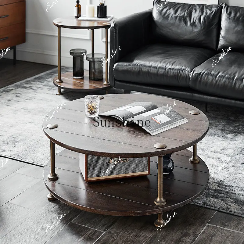 

Nordic large and small apartment retro light luxury living room household solid wood round coffee table FT