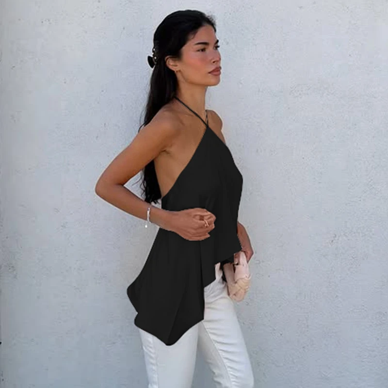 Hugcitar Modisches Neckholder-Top mit Schnürung, Rückenfreies, Unregelmäßiges, Einfarbiges, Sexy Crop-Top für Damen, Niedliche Kleidung für Strand, Urlaub und Party – Detail 25