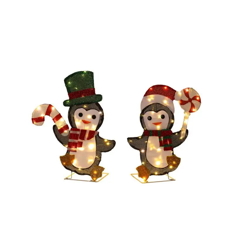 

Набор из 2 рождественских украшений с подсветкой «Пингвин и конфета», 2D праздничный декор с предварительной подсветкой и 80 светодиодными фонарями теплого белого цвета для