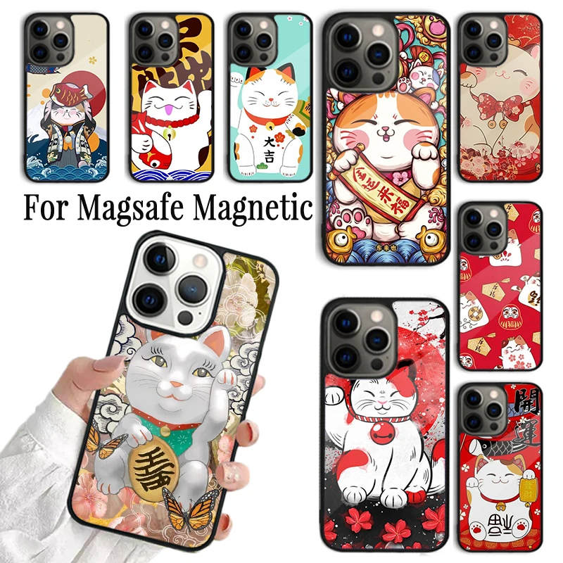 

Чехол для Телефона iPhone 16 15 14 13 12 Mini 11 Pro Max Plus Magsafe, магнитный чехол с беспроводной зарядкой, с японским счастливым котом
