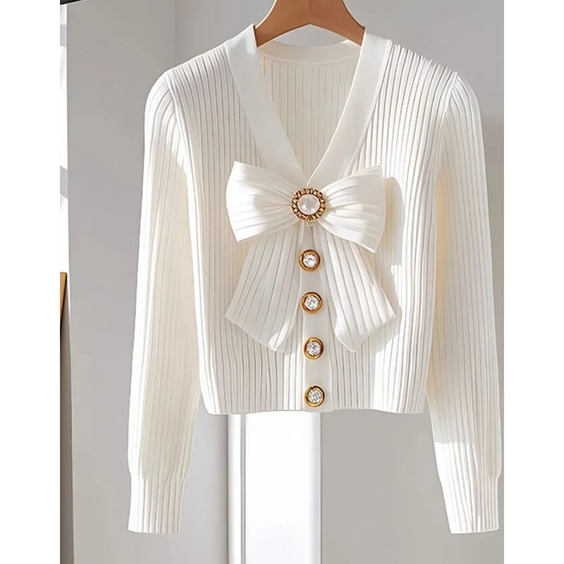 

Autumn Winter 2025 Korean Version V-neck Women's Knitting Cardigan Top Elegant Long Sleeve Comfortable Female Sweater Jacket