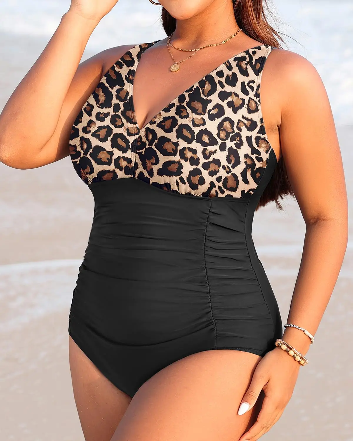 Luxy Trio 여성 플러스 사이즈 원피스 수영복 V 넥 배꼽 컨트롤 수영복 Retro Ruched 수영복