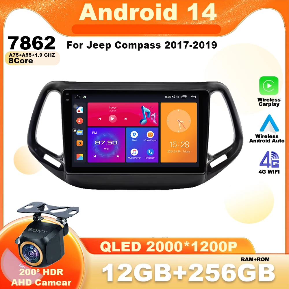 Android14 For Jeep Compass 2017-2019 Car Radio Multimedia Video Player Navigation GPS 4G Stereo Wireless Carplay CPU 5G WIFI BT