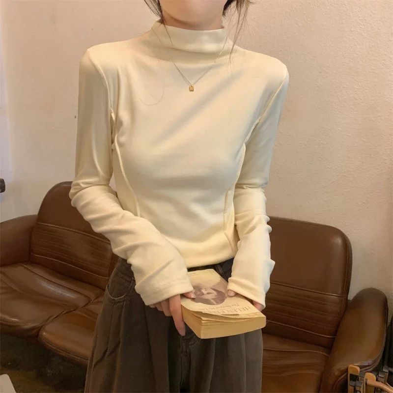 Autumn and Winter Women T-shirt Korean Mock Neck Solid Color Design Thin T-shirt Long-sleeved Versatile Tops Female