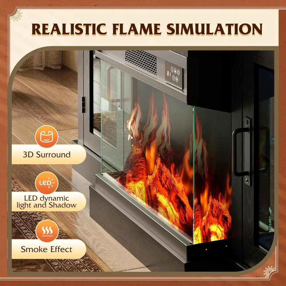 3-Sided Glass Electric Fireplace TV Stand - Entertainment Center for 65 TVs, 14 Color Flames & Adjustable Storage