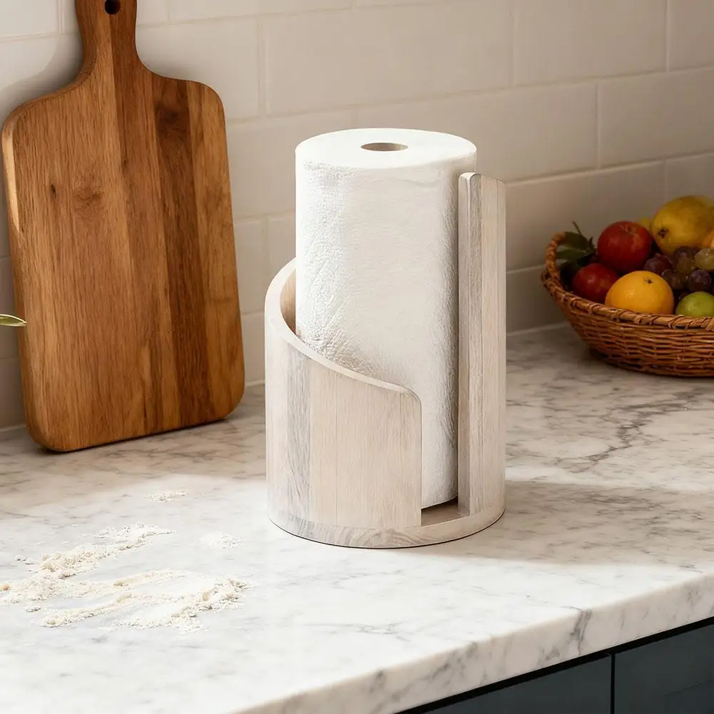 Wooden Roll Paper Holder For Kitchen Living Room Practical Tissue Holder Countertop Space-Saving Design for Paper Towels
