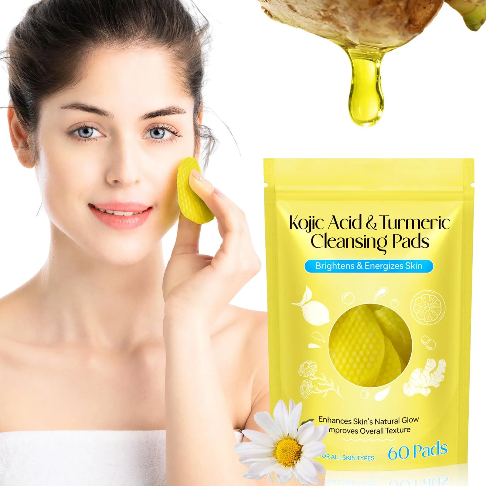 

60pcs Kojic Acid And Turmeric Cleansing Pads Deep Cleansing Face Cleansing Sponge Suitable for All Skin Types