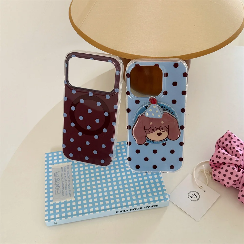 Korea Ins Polka Dot Magnetic Phone Case With Puppy Stand Support Wireless Shockproof Cover For iPhone 18 17 16 15 Pro Max Cases