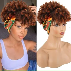Short Kinky Curly Headband Wig Ombre Blonde Afro Curly Headband Wig with Bangs for Women Fluffy Synthetic Curls Head Wrap Wig