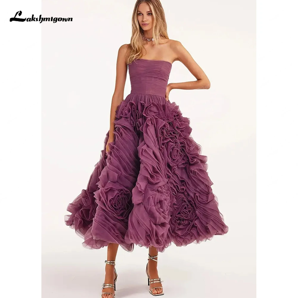 Strapless Tea Length Ball Gown Organza Layers Customized Prom Dresses Purple  Evening Dresses Real Picture