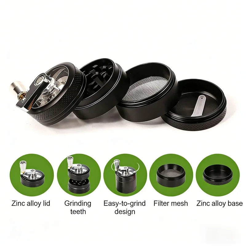 Zinc Alloy Hand Crank Herb Grinder 4 Layer Metal Handle Grinder Smoking Accessory