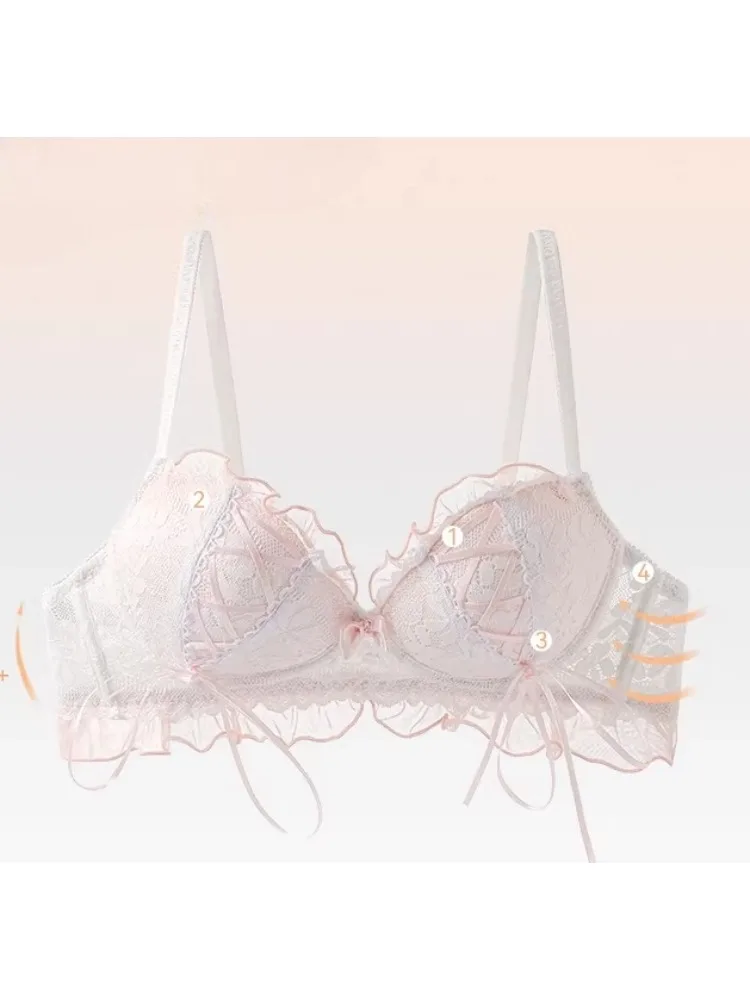 Französisches romantisches Spitzen-Dessous-Set mit Schmetterlingsknoten für Damen, Sommer, dünn, Push-up-BH, kleine Brust, schöner Rücken, sexy, sinnliche Unterwäsche