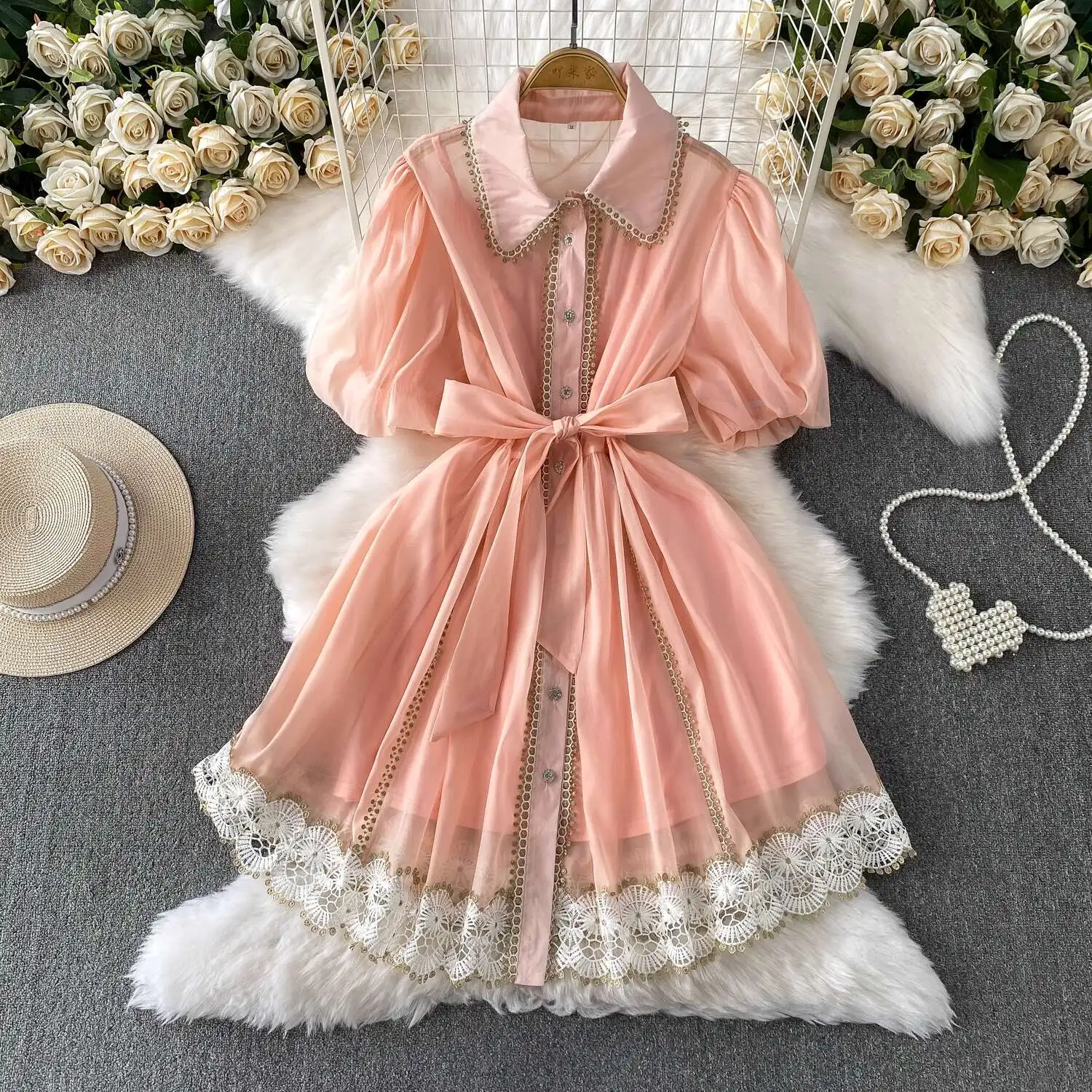 Prinzessin Stil Süße Spitze Stickerei Organza Kurzes Kleid Shirt Frauen Sommer 2-teiliges Set Lässige Elegante Geburtstagsparty Kleider